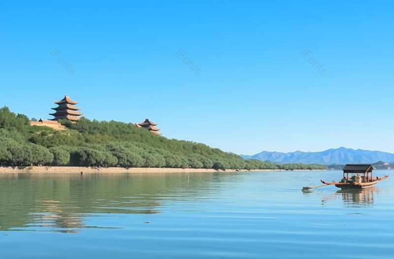 蓝色自然湖边美景游船山上绿植远景摄影,高清,摄影图,摄影图片,图片大全,摄影图免费下载